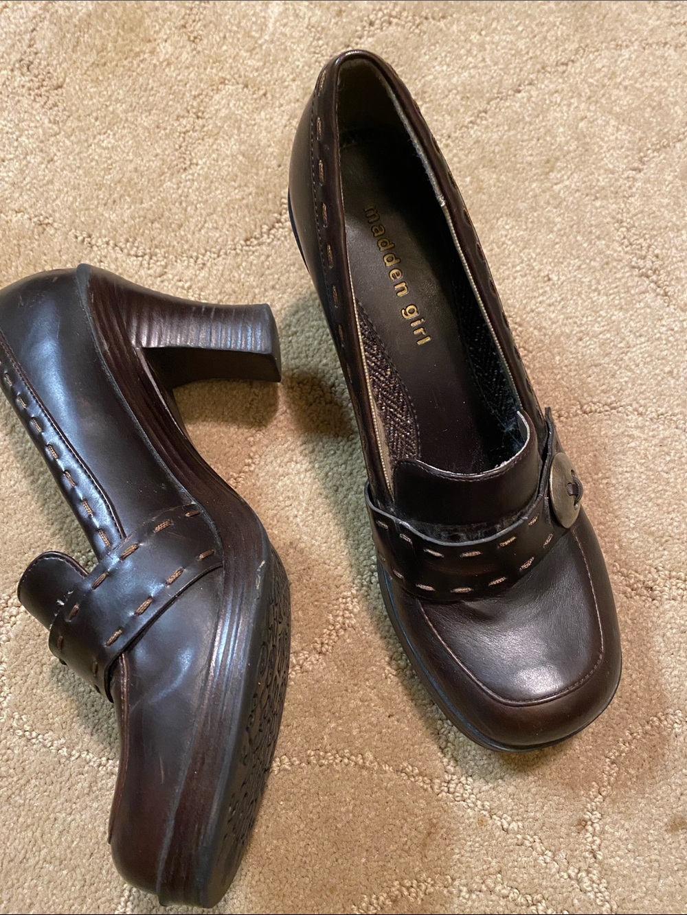 Madden Girl Dark Brown Block Heels with Decorative Stitching 8.5